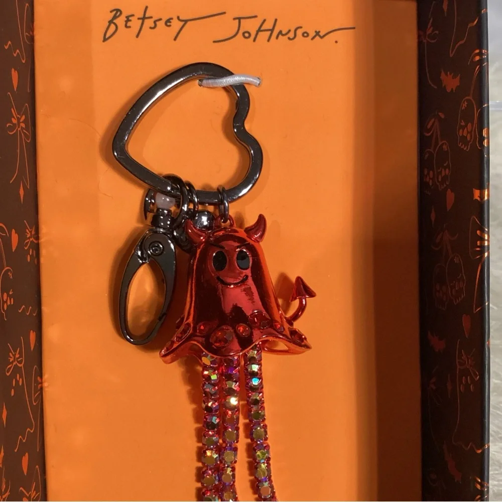 Betsey Johnson Halloween Red Jeweled Devil Ghost Keychain Bag Charm NIB